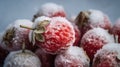 A close up of a bunch of strawberries covered in frost. Generative AI image.