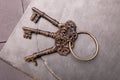 Close-up of a bunch of three old keys on dark plates