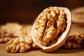 Close-up of a bunch of walnuts on a wooden background. Macro photography. Studio shot Royalty Free Stock Photo