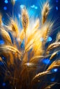 Close up of bunch of wheat on blue background. Generative AI