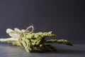 Close-up of a bundle of bright green asparagus tied with twine on a gray slate surface with copy space