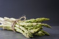 Close-up of a bundle of bright green asparagus tied with twine on a gray surface with copy space