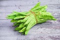 Close-up of a bundle of fresh green beans tied together with a brown string.