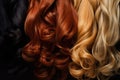 Close-up of bundles of shiny curls of hair for extensions of several shades.