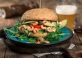 Close up burger with grilled shrimp and light beer Royalty Free Stock Photo