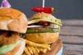 Close up of burger with jalapeno pepper and french fries Royalty Free Stock Photo