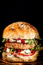 Close Up of Burger Piled High with Fresh Toppings Royalty Free Stock Photo