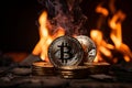 Close-up of burning bitcoin - depicting the consequences of financial losses and market volatility