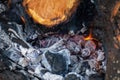 Close up of burning charcoal and wood in red glowing flames Royalty Free Stock Photo