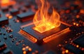 Close-up of burning computer microchip. Fire, flames symbolize overheating, tech danger, system meltdown. Shows modern digital Royalty Free Stock Photo