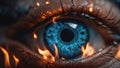 close up of a burning eye Blue eyed demon in flames Royalty Free Stock Photo