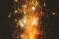 Close up burning flare or flame with bright sparks and smoke on background with copy space. festive event concept. fireworks