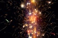 Close up burning flare or flame with bright sparks and smoke on background with copy space. festive event concept. fireworks