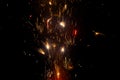 Close up burning flare or flame with bright sparks and smoke on background with copy space. festive event concept. fireworks