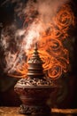 close-up of burning incense with smoke spiraling upwards