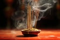 close-up of burning incense stick with smoke trail