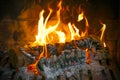 Close-up of burning logs in the fireplace