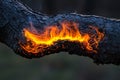 Close up of burning tree branch Royalty Free Stock Photo