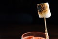 Close up burnt marshmallow that served with red cocktail with black background