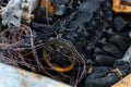 A close-up of the burnt-out engine compartment of a car Royalty Free Stock Photo