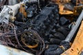 A close-up of the burnt-out engine compartment of a car Royalty Free Stock Photo