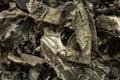 Close-up of burnt rusty engine in russian military vehicle after combat strike Royalty Free Stock Photo