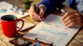 close-up of a business analytics workspace which includes a person analyzing a financial graph with a pen in hand.. AI Royalty Free Stock Photo