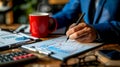 close-up of a business analytics workspace which includes a person analyzing a financial graph with a pen in hand.. AI Royalty Free Stock Photo