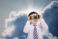 Close-up business boy holding binoculars outdoor