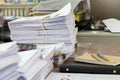 Close up of business documents stack on desk , report papers stack Royalty Free Stock Photo