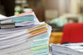Close up of business documents stack on desk , report papers stack Royalty Free Stock Photo