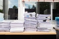 Close up of business documents stack on desk , report papers stack Royalty Free Stock Photo