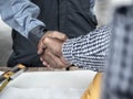 Close-up of business engineer planing at construction site project, documents, worker tool Royalty Free Stock Photo