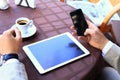 Close-up of business male hands touching digital tablet Royalty Free Stock Photo