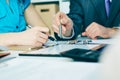 Close-up the business man hand pointing at the tblank tablet screen. Teamwork successful meeting. Royalty Free Stock Photo