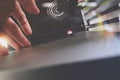 Close up of business man hand working on laptop computer Royalty Free Stock Photo