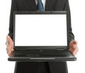 Close-up of business man presenting laptopn