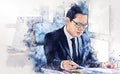 Close-up business man thinking and sitting on desk in the office on watercolor illustration paint background.