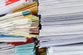 Close up of business papers stack on desk. Pile of unfinished documents on office desk Royalty Free Stock Photo