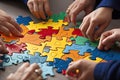 Close up of business people hands assembling jigsaw puzzle. Teamwork concept, peoples hands joining pieces of a jigsaw puzzle, AI Royalty Free Stock Photo