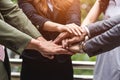 Close up of business people hands stacking as teamwork leadership assemble corporate in team company. Group of teamwork and Royalty Free Stock Photo