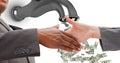 Close-up of business people shaking hands with money flowing from tap Royalty Free Stock Photo