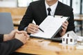 Close up business teamwork signing contract, partnership agreement, making deal.. Royalty Free Stock Photo