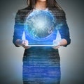 Close up of business woman holding digital globe Royalty Free Stock Photo