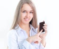 Close up.business woman is typing SMS on mobile phone Royalty Free Stock Photo