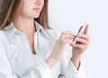 Close up.business woman is typing SMS on mobile phone Royalty Free Stock Photo