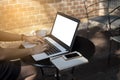 Close-up business woman used laptop to work outdoor, blurred