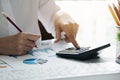 Close up Business woman using calculator for do math finance on wooden desk in office and business working background, tax, Royalty Free Stock Photo