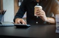 Close up businessman doing finance at home office with calculate expenses Royalty Free Stock Photo