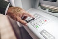 Close-up of businessman hand entering PIN while pushing buttons in ATM machine